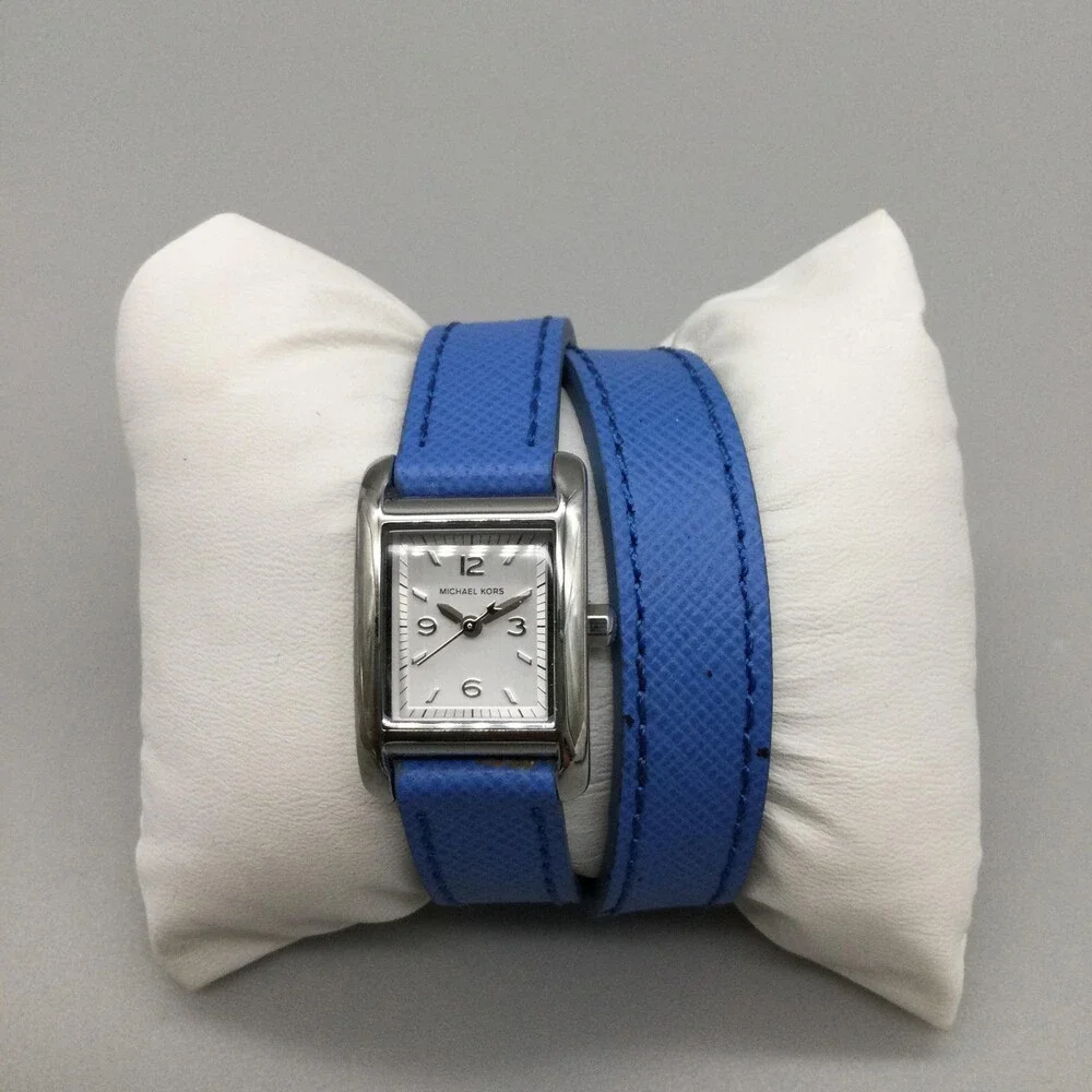 Michael Kors MK-2339 Womens Watch 20mm Silver Dial Blue Wrap Band New Battery